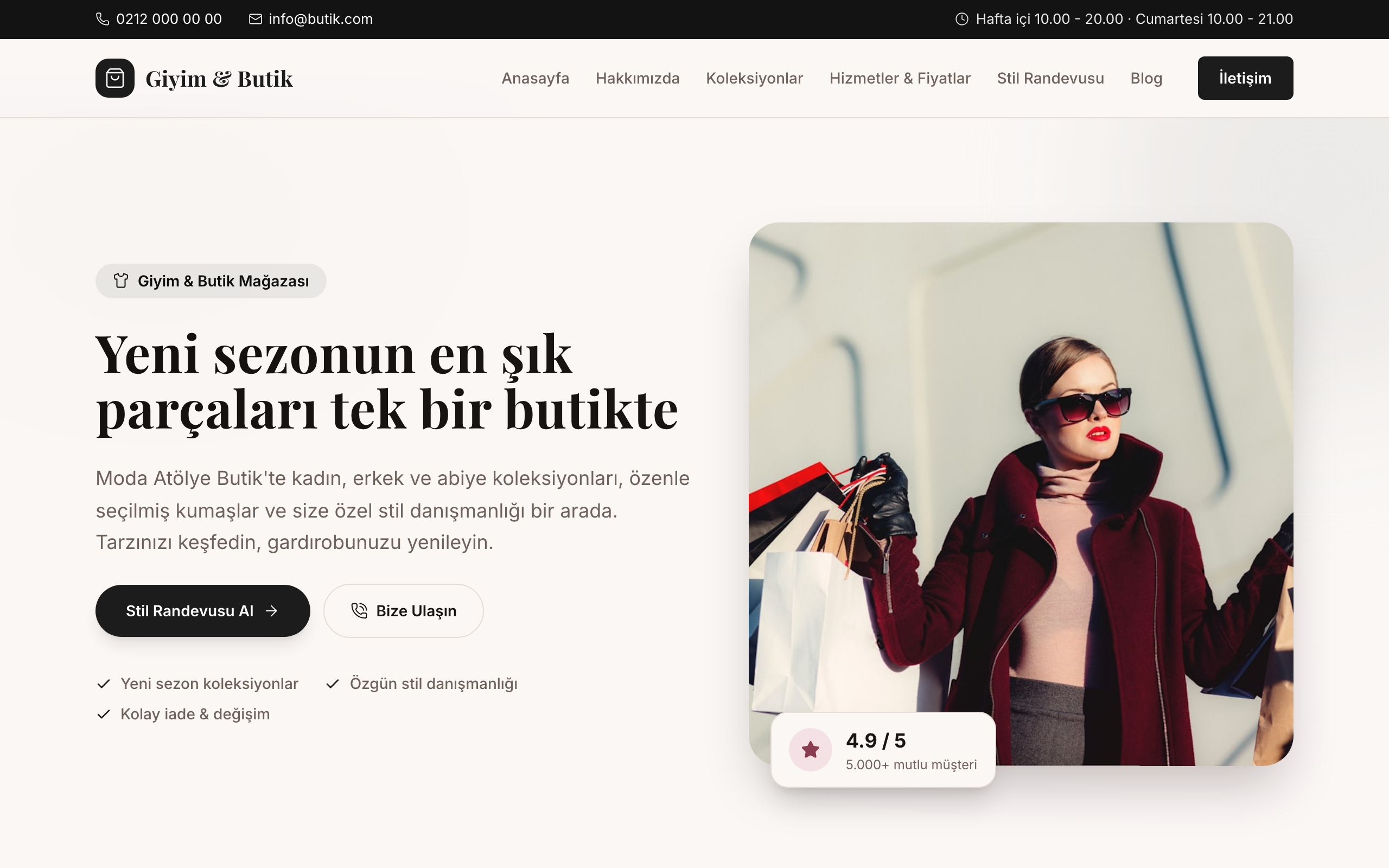 Butik temasının yayınlanmış ana sayfası