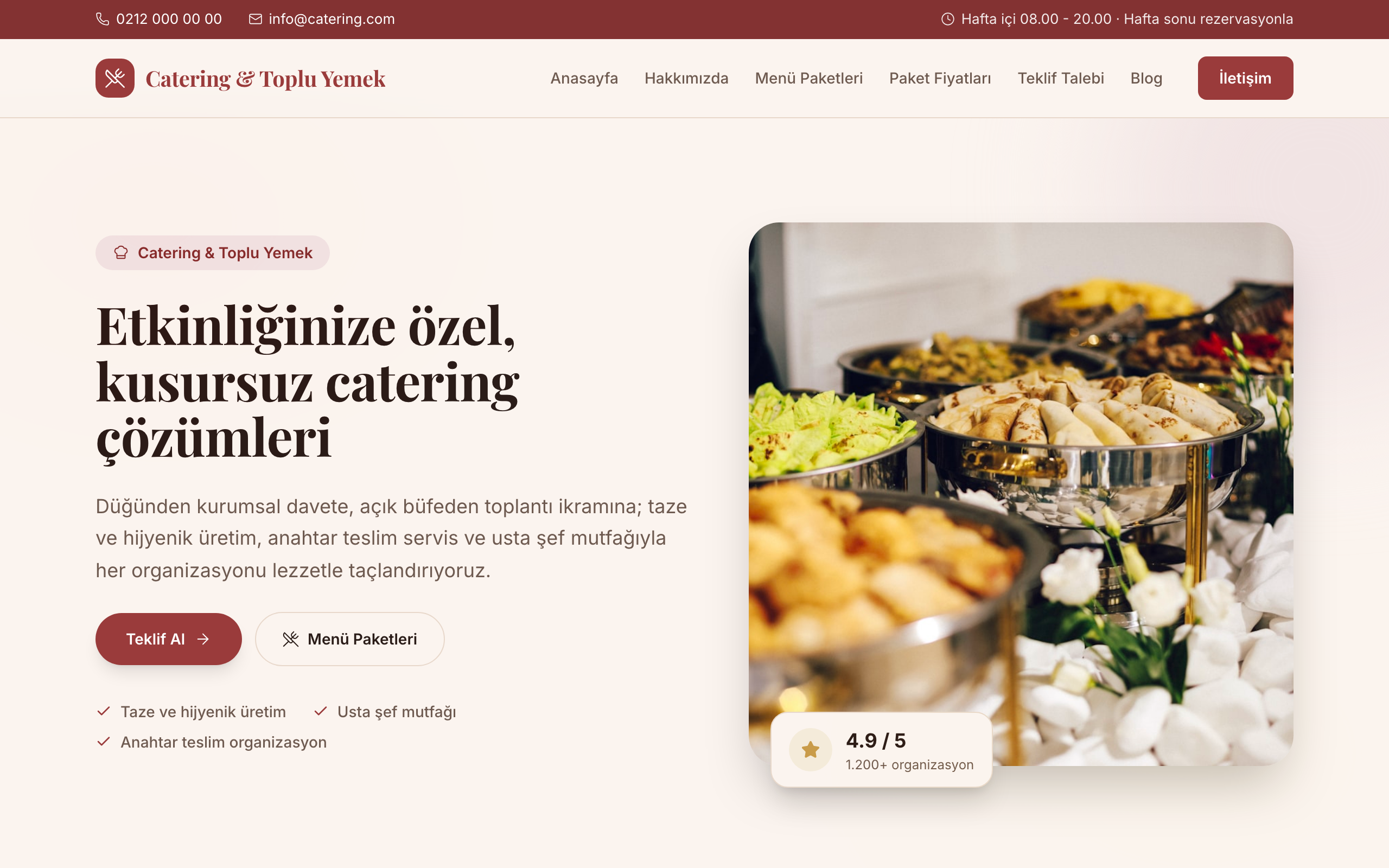 Catering temasının yayınlanmış ana sayfası