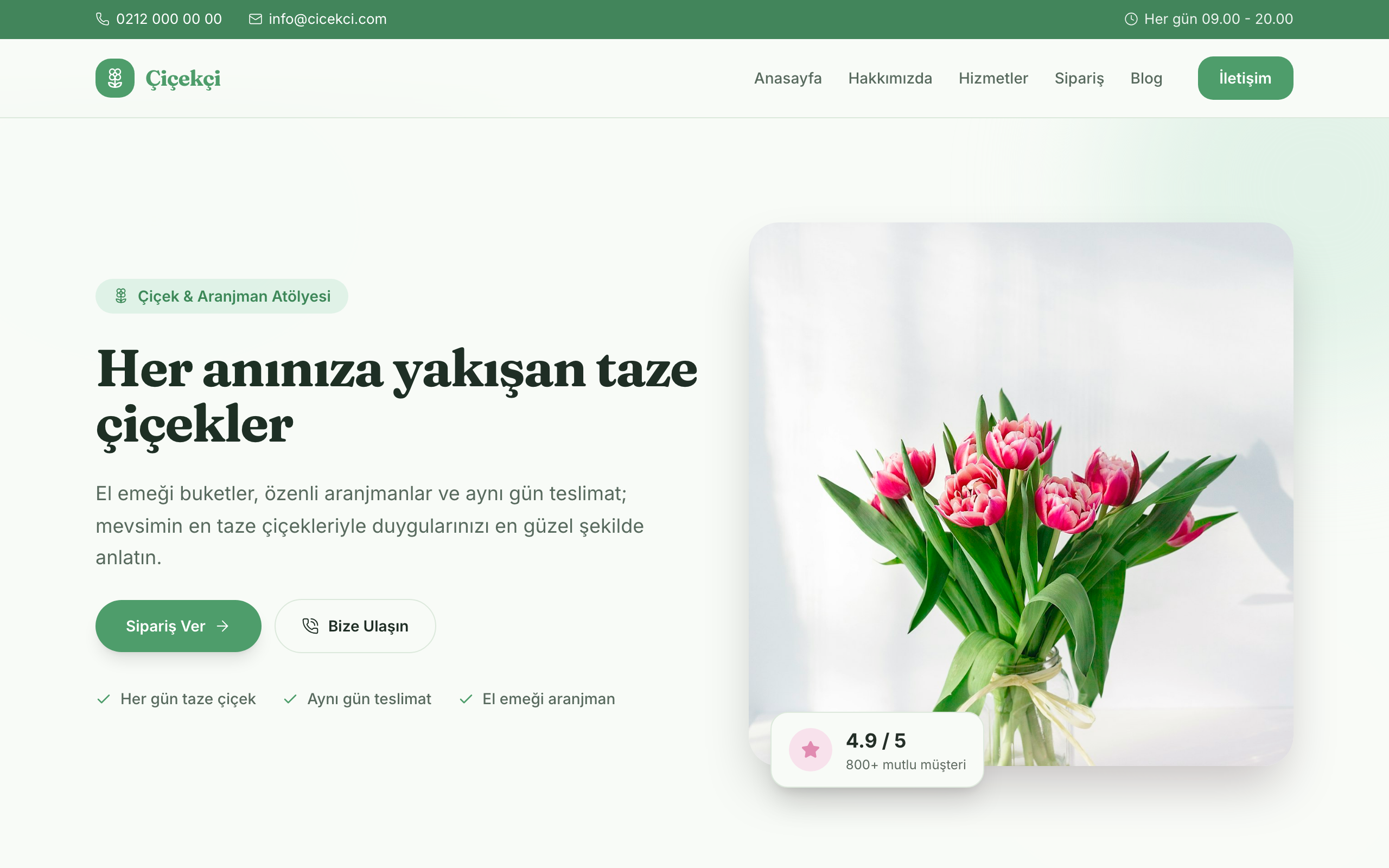 Çiçekçi temasının yayınlanmış ana sayfası