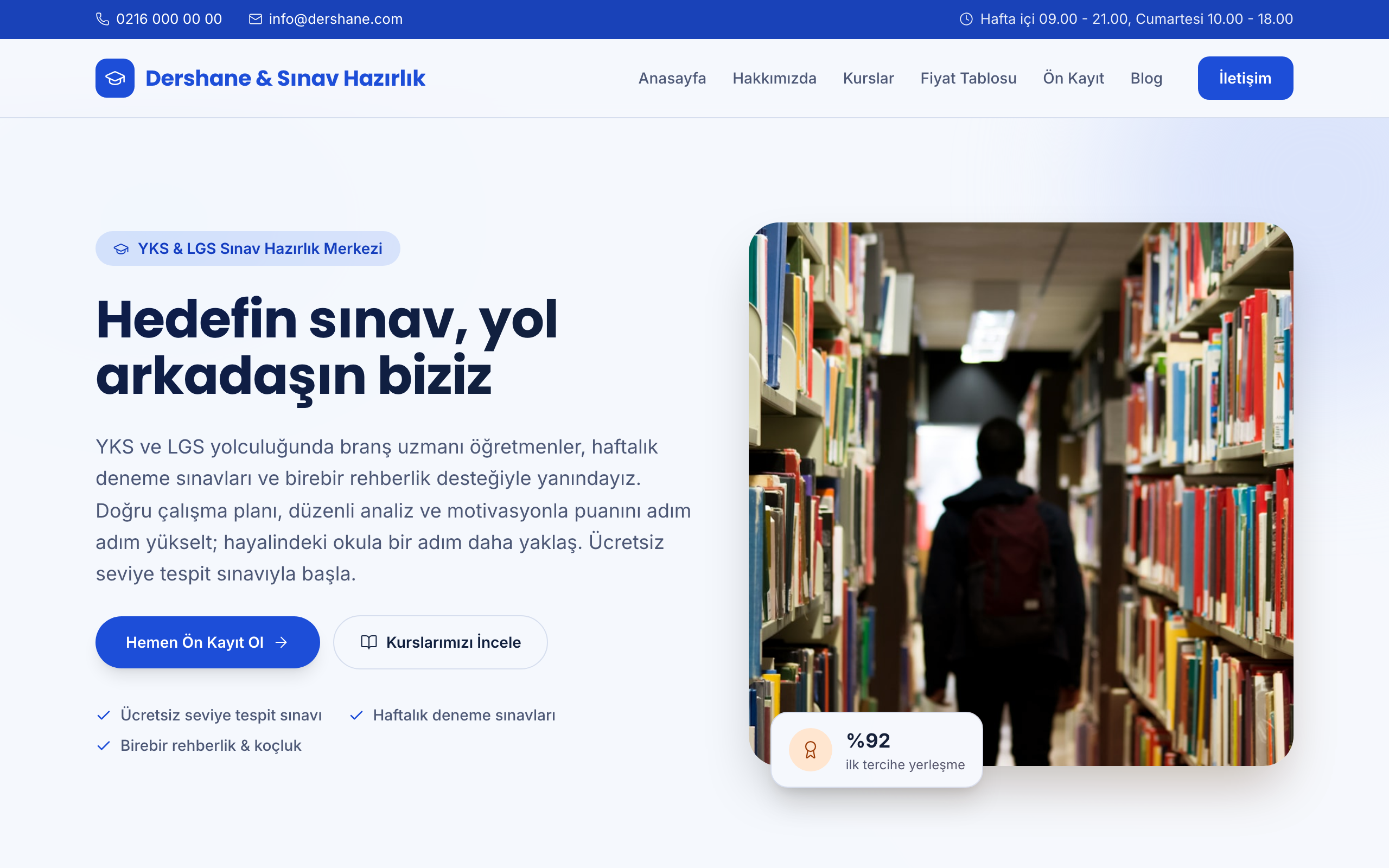 Dershane & sınav hazırlık temasının yayınlanmış ana sayfası