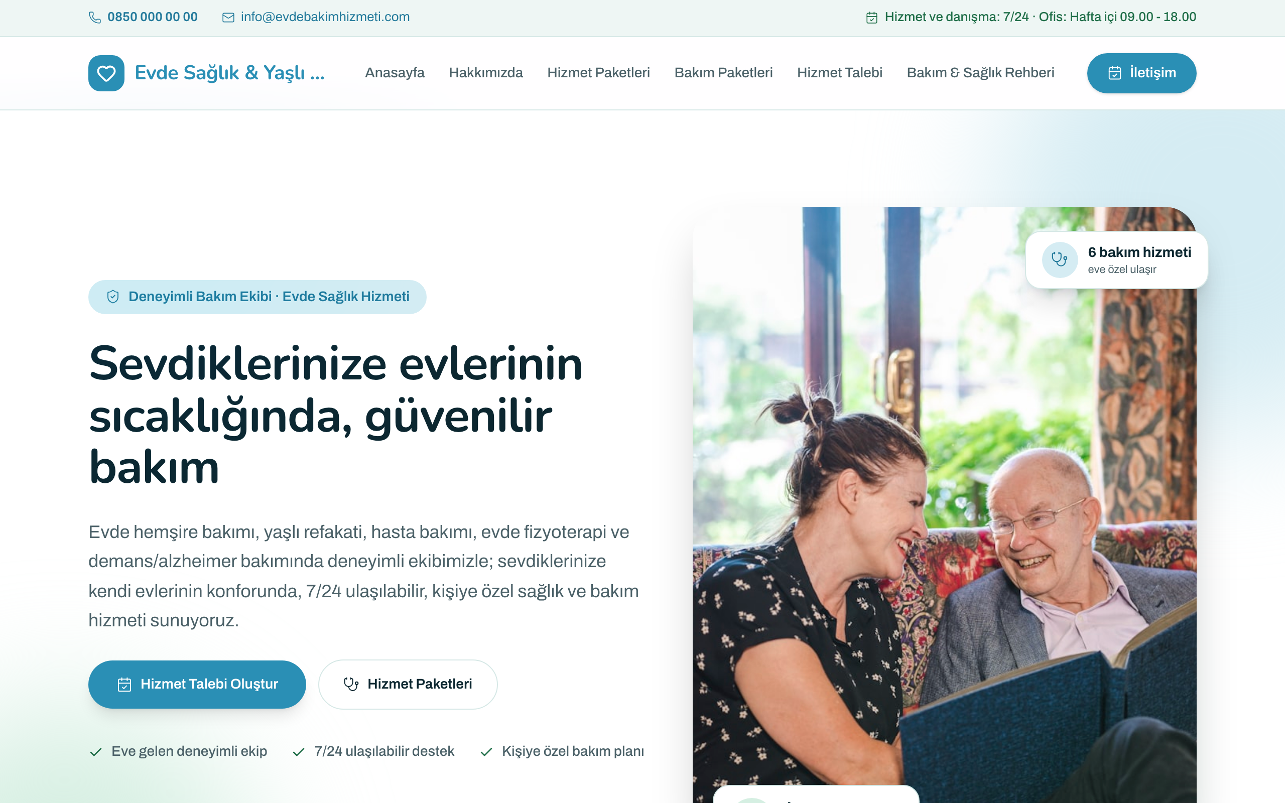 Evde Sağlık & Yaşlı Bakım temasının yayınlanmış ana sayfası