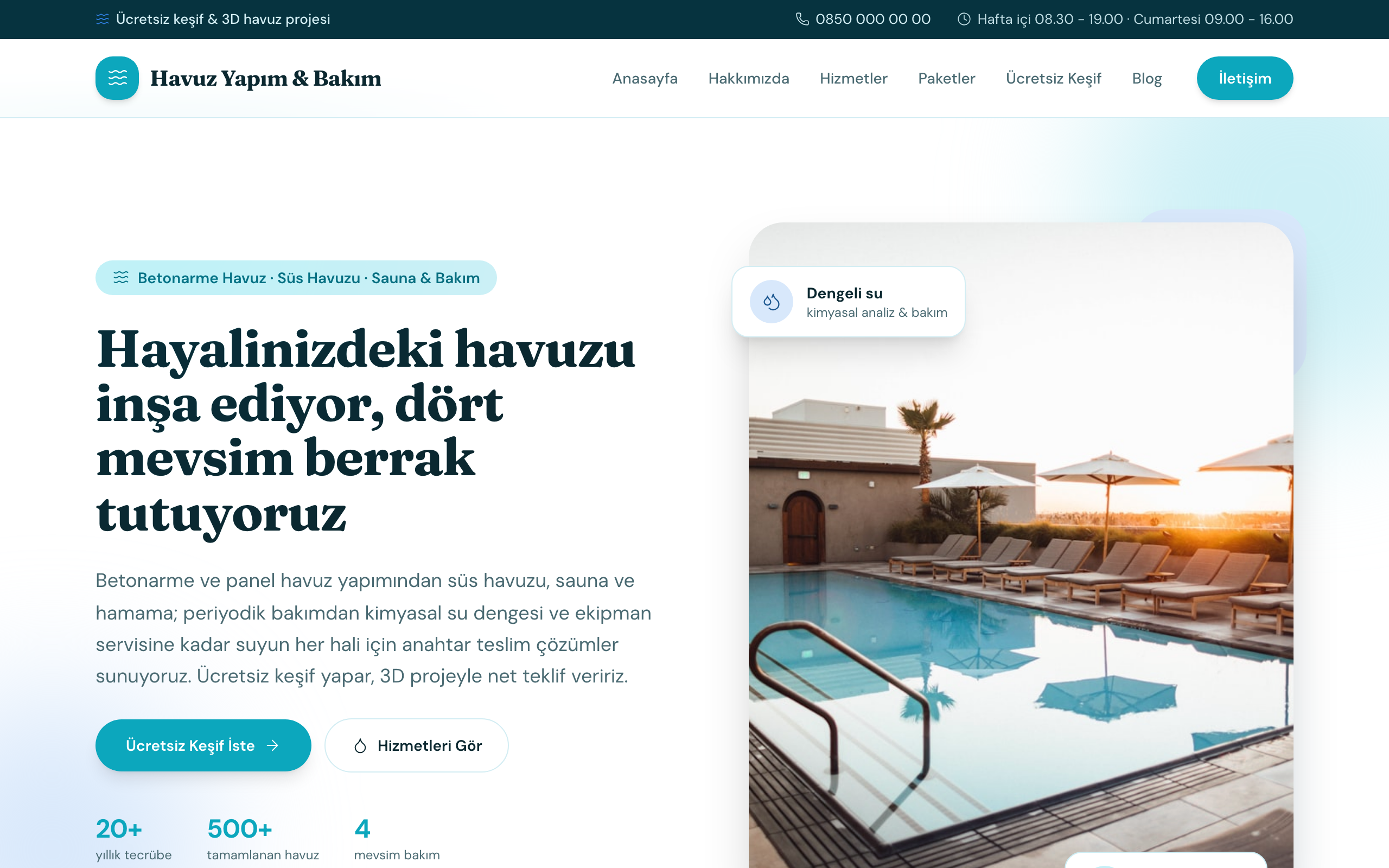 Havuz yapım & bakım temasının yayınlanmış ana sayfası