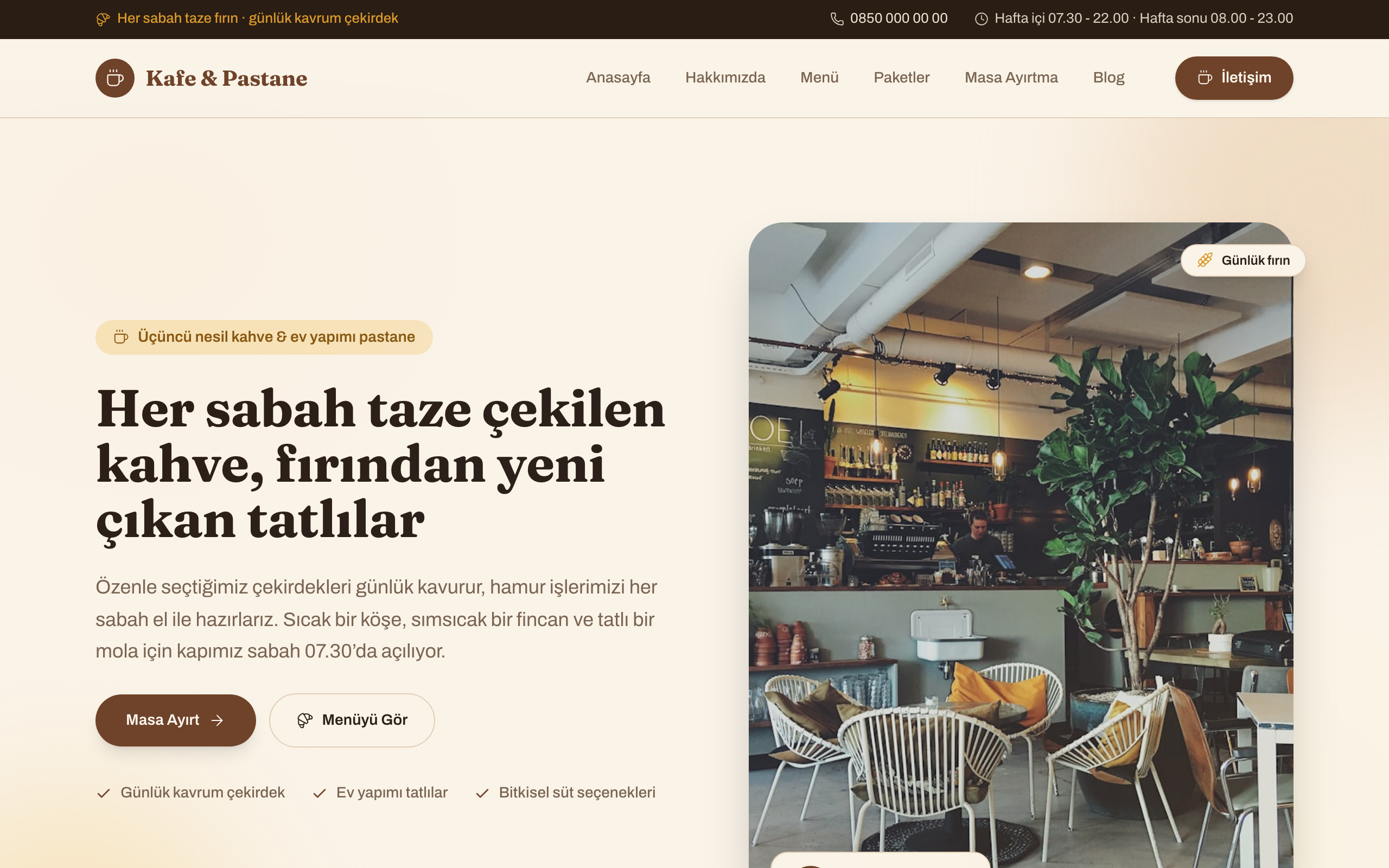 Kafe temasının yayınlanmış ana sayfası