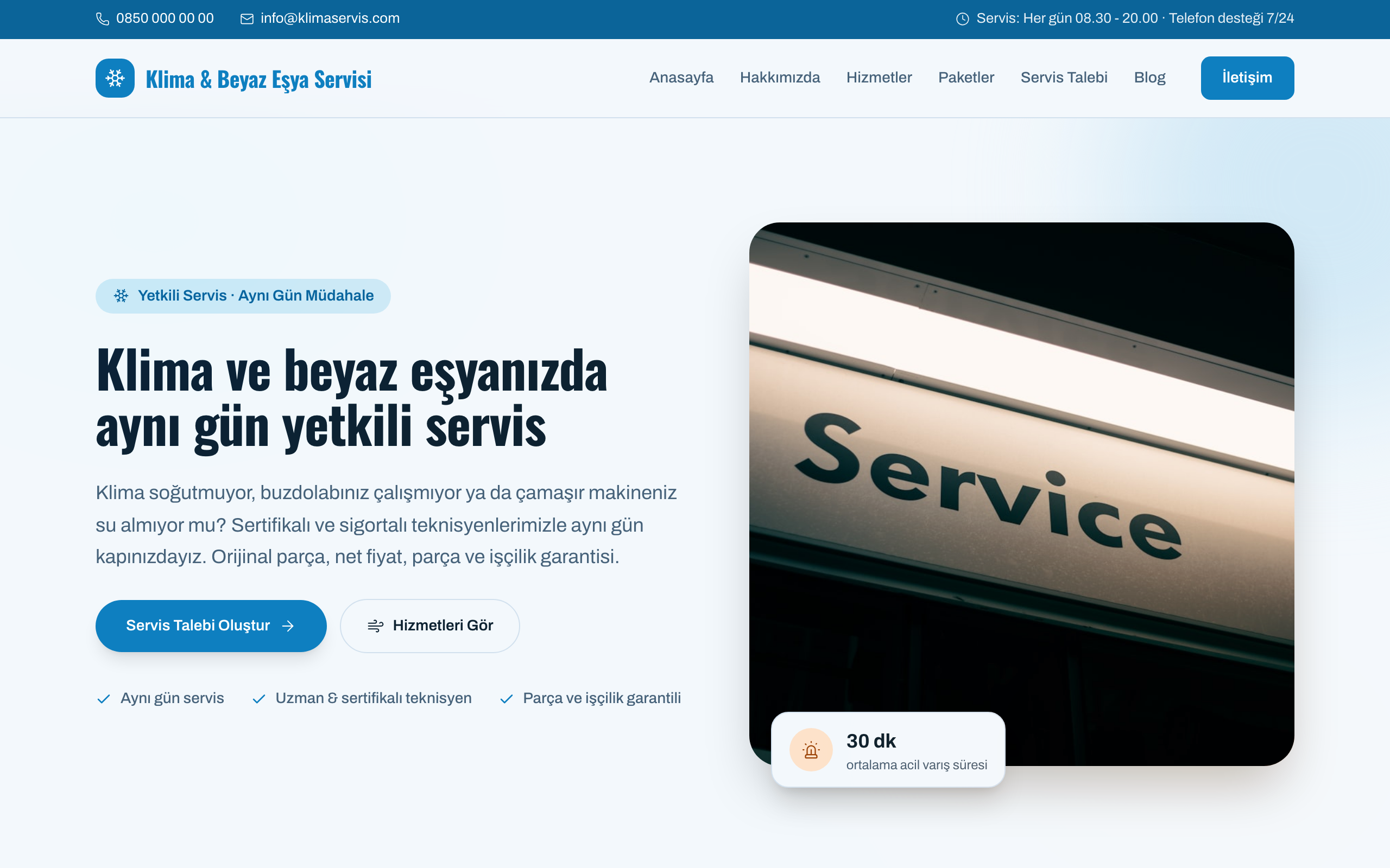 Klimaservis temasının yayınlanmış ana sayfası