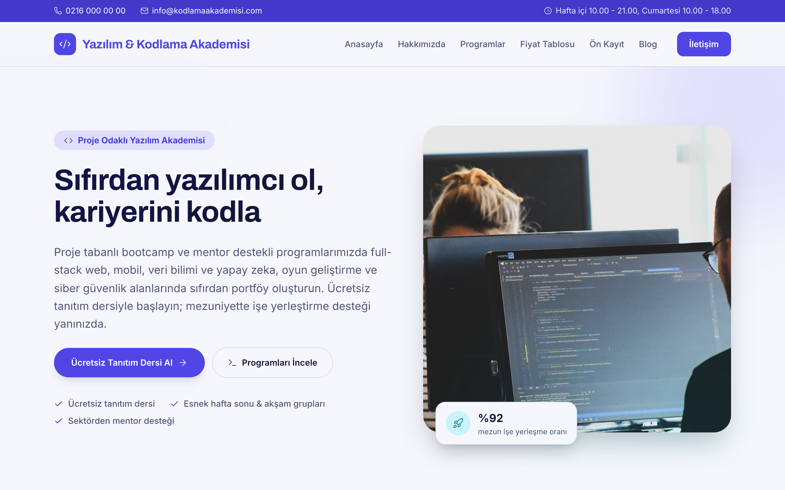 Kodlama Akademisi temasının yayınlanmış ana sayfası