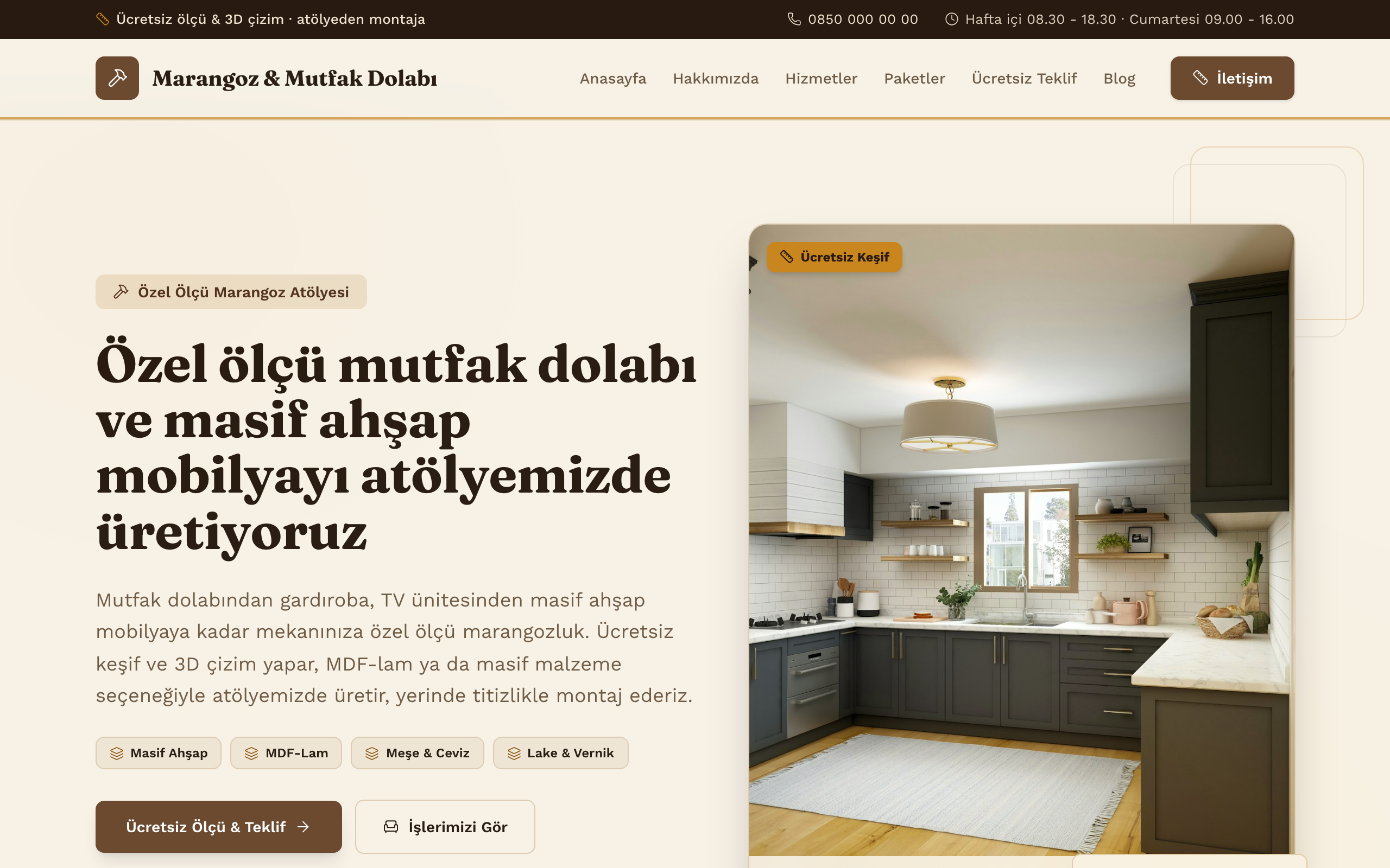 Marangoz & mutfak dolabı temasının yayınlanmış ana sayfası