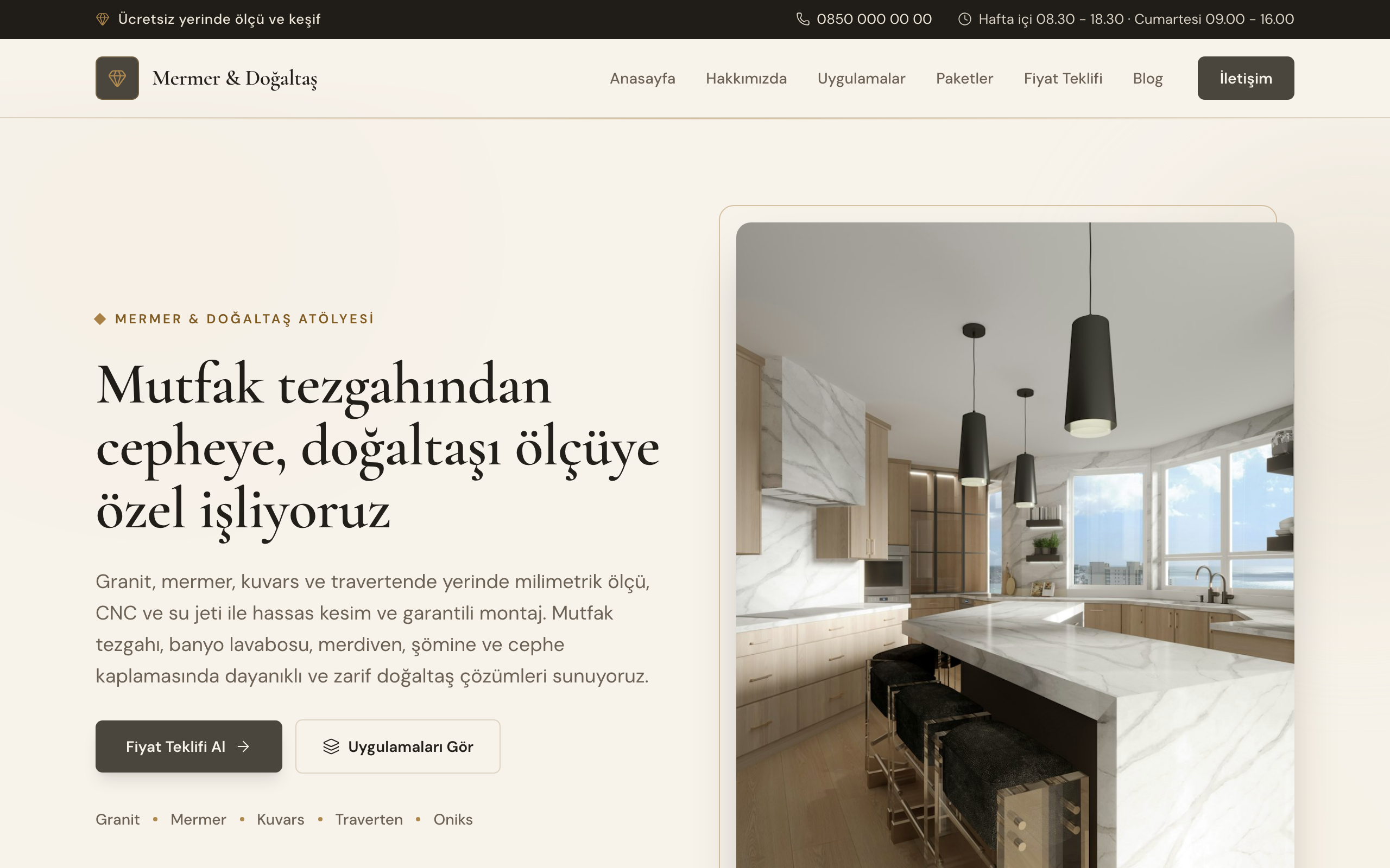 Mermer & doğaltaş temasının yayınlanmış ana sayfası