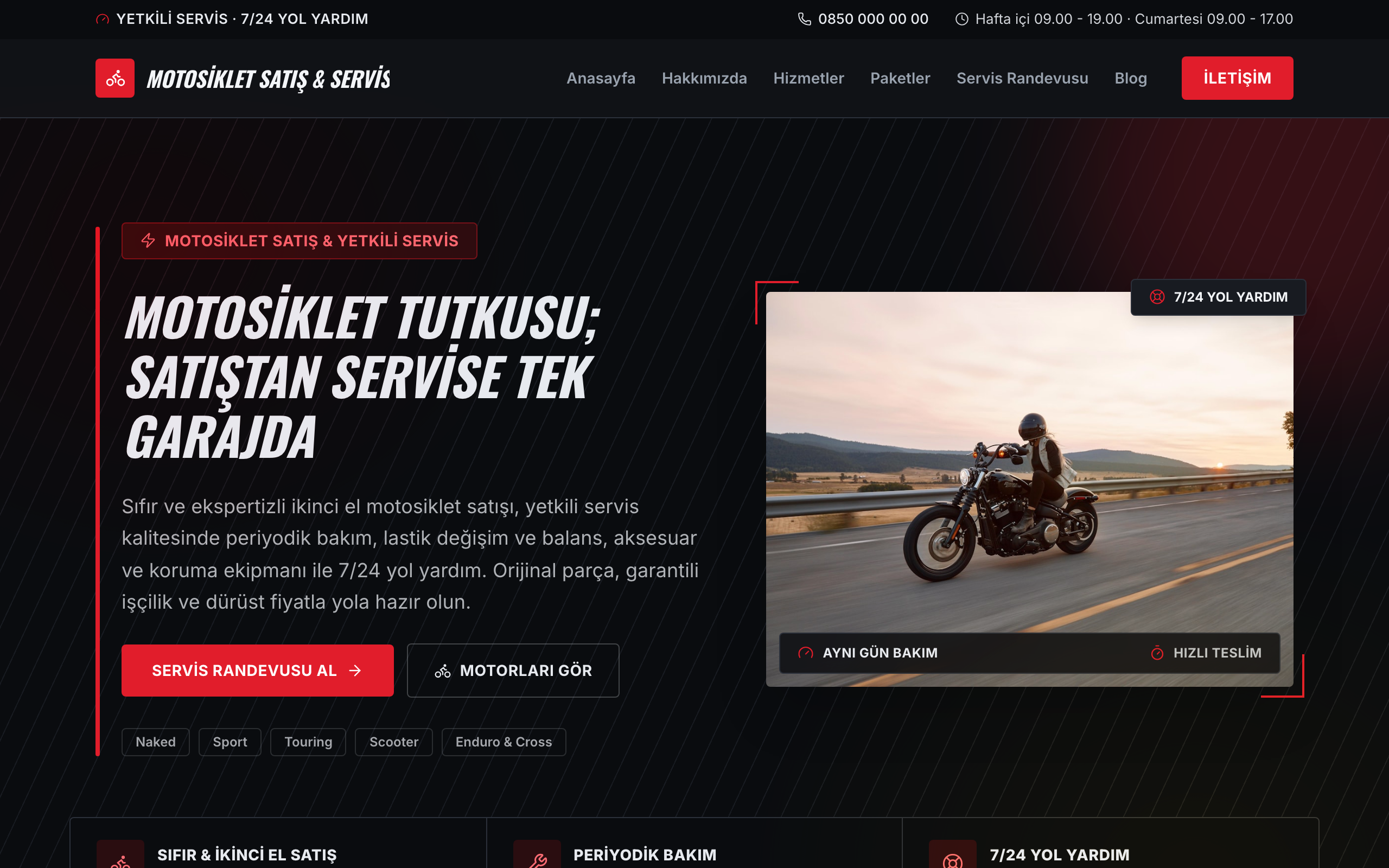 Motosiklet satış & servis temasının yayınlanmış ana sayfası