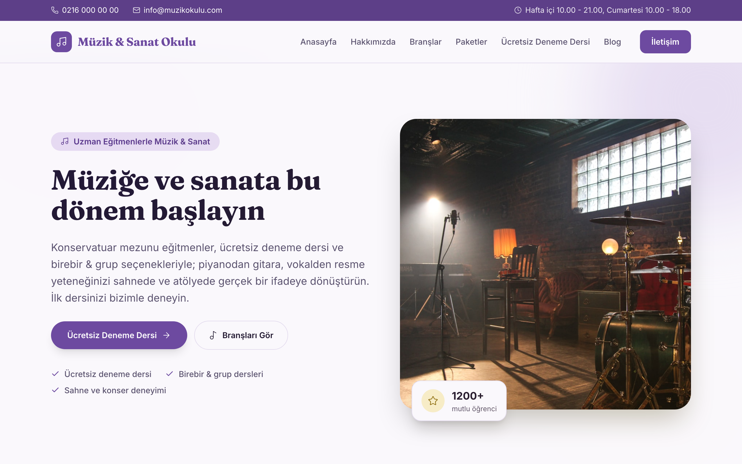Müzik & Sanat Okulu temasının yayınlanmış ana sayfası