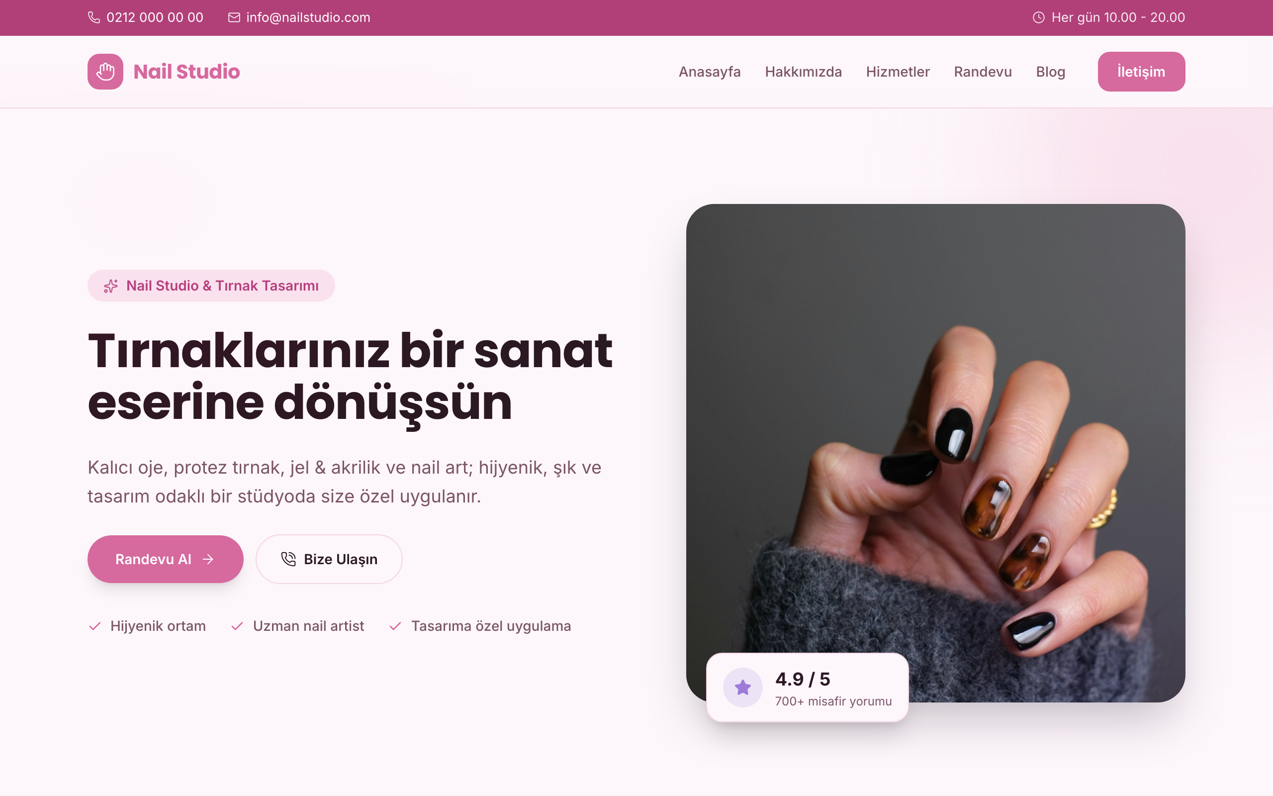 Nail studio temasının yayınlanmış ana sayfası