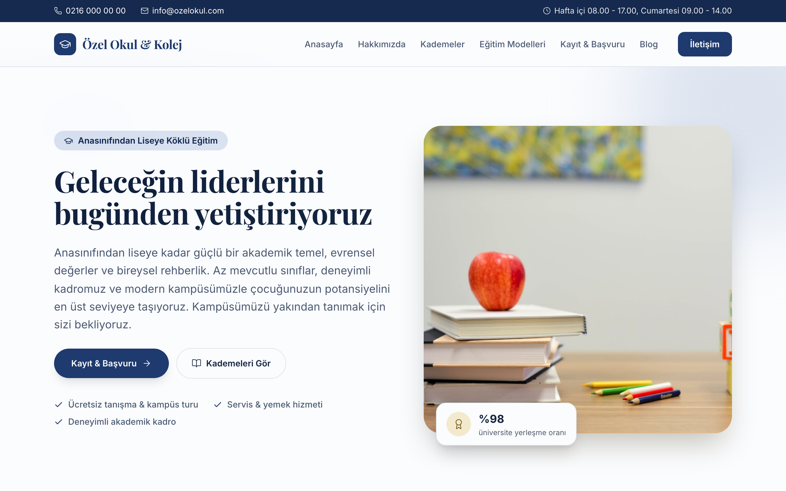 Özel okul & kolej temasının yayınlanmış ana sayfası