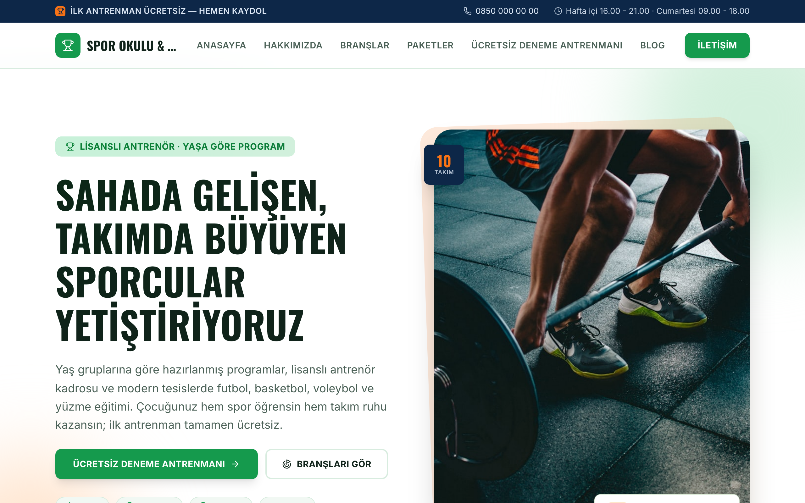 Published homepage of the sports school and club theme