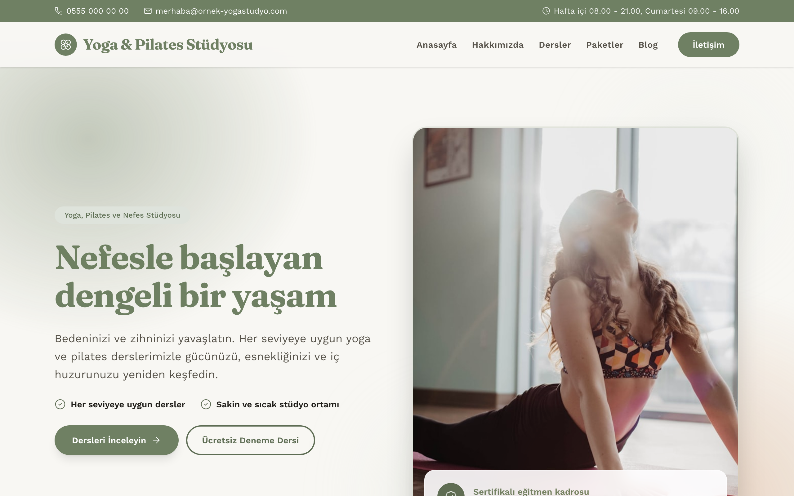 Yoga & pilates stüdyosu temasının yayınlanmış ana sayfası